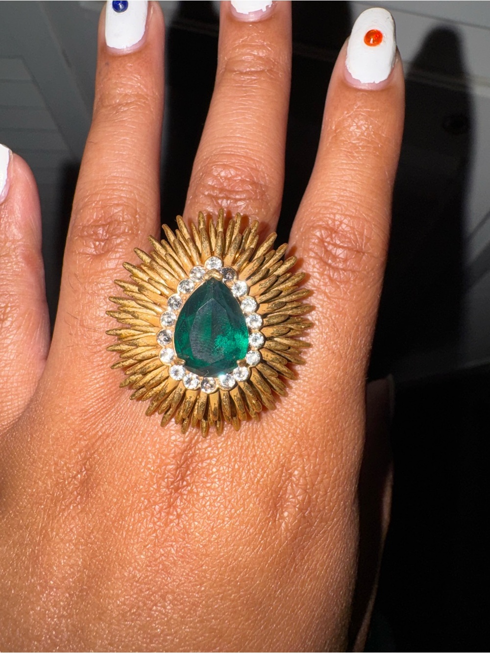 Gold Sunburst Cocktail Ring with Emerald Teardrop Center
